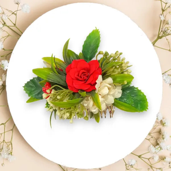 Red_&_White_Flower_Leaves_Comb_Slide_Hair_Accessories_For_Women_&_Girls