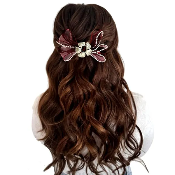 Maroon_Sophisticated_Clip_On_Hair_Bow_For_Women