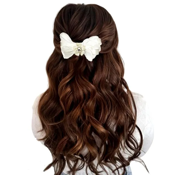 White_Sophisticated_Clip_On_Hair_Bow_For_Women