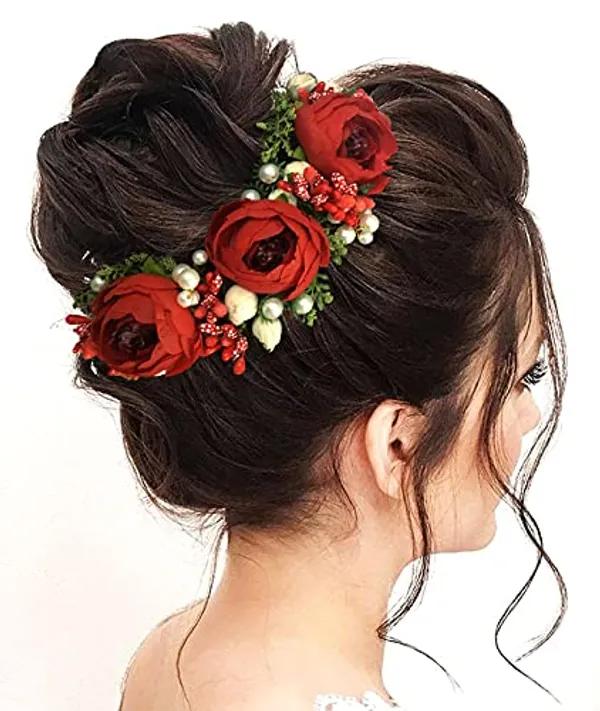 Dark_Red_Artificial_Rose_Flowers_Hair_Vein_For_Women_&_Girls