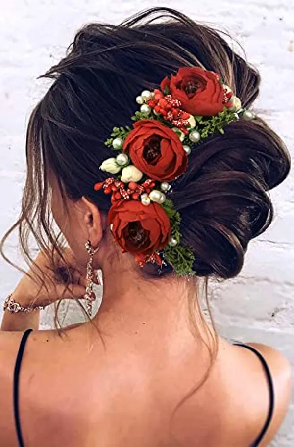 Dark_Red_Artificial_Rose_Flowers_Hair_Vein_For_Women_&_Girls