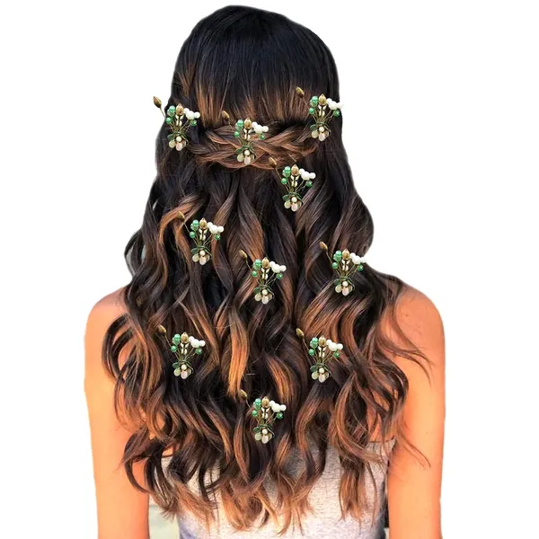 Pack_of_10_Green_Artificial_Flower_With_Pearl_Hair_Pin_Decoration_Accessories_Pins