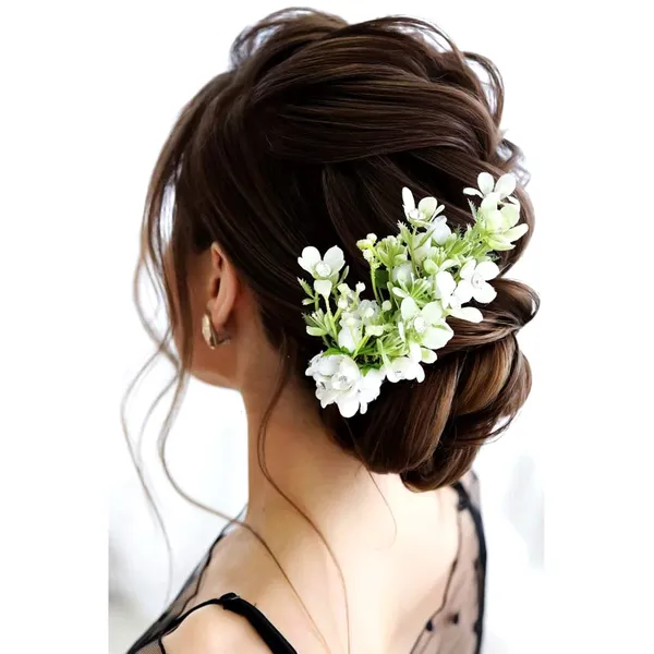 White_Artificial_Flower_With_Leaf_Designed_With_Stones_&_Pearls_Comb_Slide