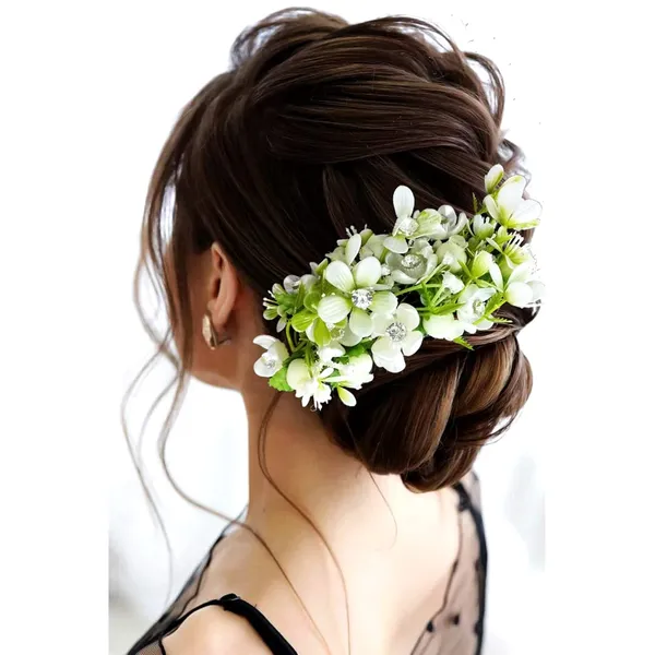 Cream_Artificial_Flower_With_Leaf_Designed_With_Stones_&_Pearls_Comb_Slide