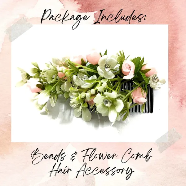 Peach_Artificial_Flower_With_Leaf_Designed_With_Stones_&_Pearls_Comb_Slide