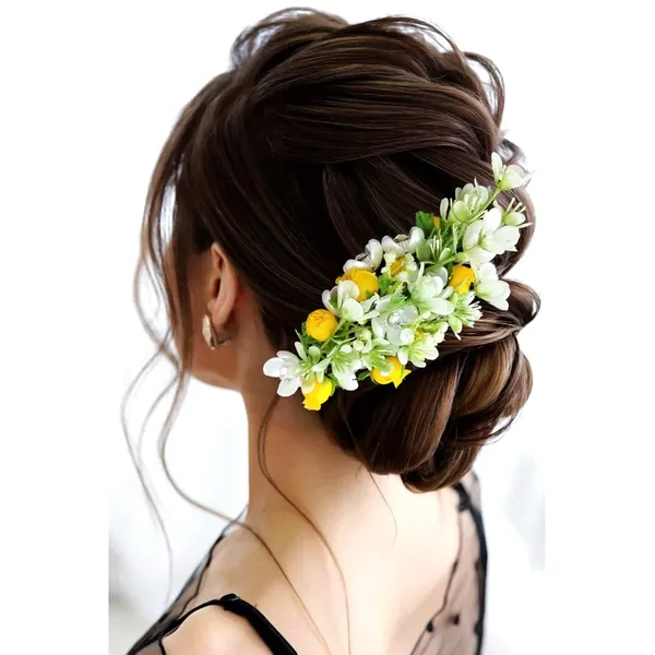 Yellow_Artificial_Flower_With_Leaf_Designed_With_Stones_&_Pearls_Comb_Slide