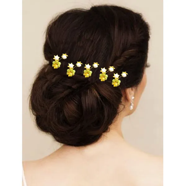 Pack_of_10_Yellow_Artificial_Stone_Made_Flowers_With_Pearls_Designed_Hair_Pins_Pins
