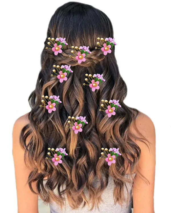 Pack_of_10_Baby_Pink_Round_Shape_Flower_With_Golden_Pearl_Hair_Pin_For_Women_Pins