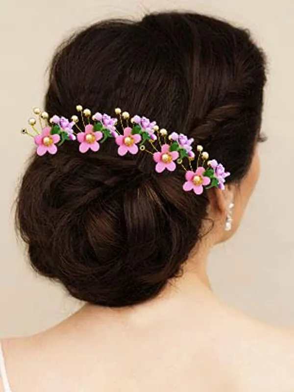 Pack_of_10_Baby_Pink_Round_Shape_Flower_With_Golden_Pearl_Hair_Pin_For_Women_Pins