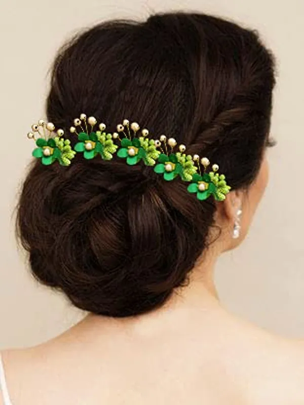 Pack_of_10_Green_Round_Shape_Flower_With_Golden_Pearl_Hair_Pin_For_Women_Pins