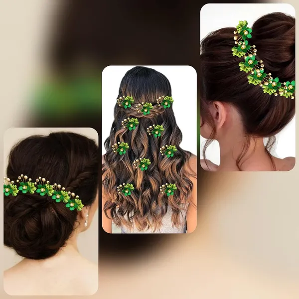Pack_of_10_Green_Round_Shape_Flower_With_Golden_Pearl_Hair_Pin_For_Women_Pins