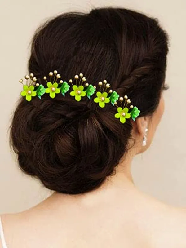Pack_of_10_Light_Green_Round_Shape_Flower_With_Golden_Pearl_Hair_Pin_For_Women_Pins