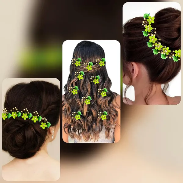 Pack_of_10_Light_Green_Round_Shape_Flower_With_Golden_Pearl_Hair_Pin_For_Women_Pins