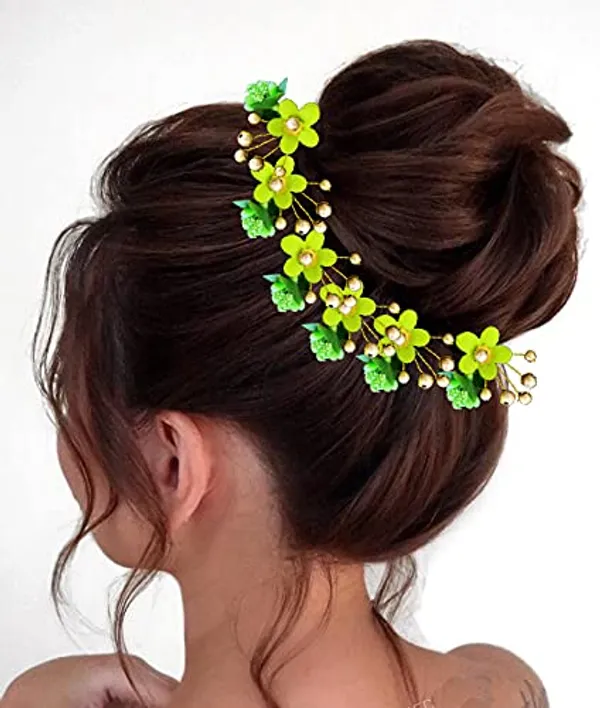 Pack_of_10_Light_Green_Round_Shape_Flower_With_Golden_Pearl_Hair_Pin_For_Women_Pins