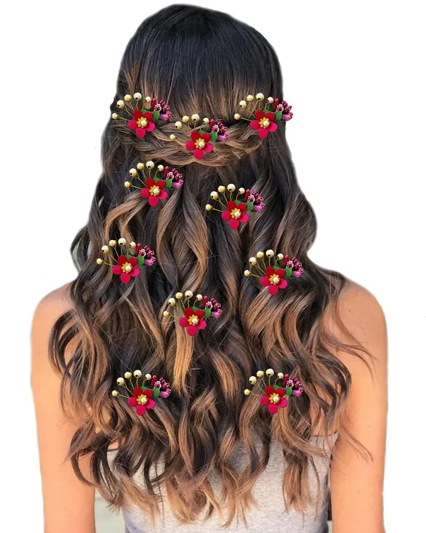 Pack_of_10_Maroon_Round_Shape_Flower_With_Golden_Pearl_Hair_Pin_For_Women_Pins