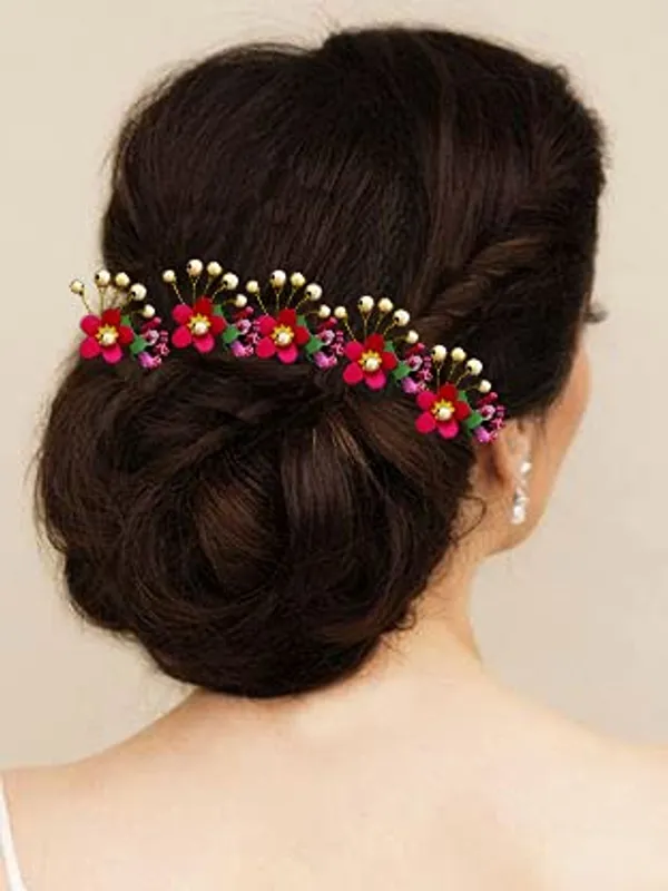 Pack_of_10_Maroon_Round_Shape_Flower_With_Golden_Pearl_Hair_Pin_For_Women_Pins