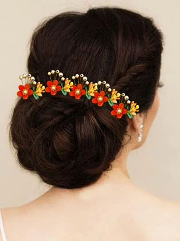 Pack_of_10_Orange_Round_Shape_Flower_With_Golden_Pearl_Hair_Pin_For_Women_Pins