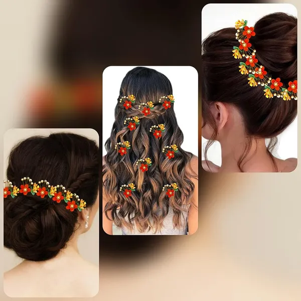 Pack_of_10_Orange_Round_Shape_Flower_With_Golden_Pearl_Hair_Pin_For_Women_Pins