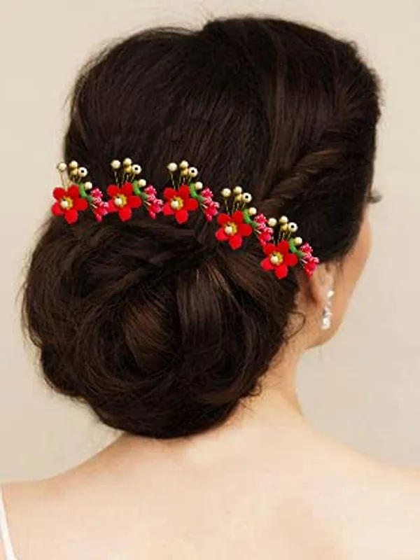 Pack_of_10_Red_Round_Shape_Flower_With_Golden_Pearl_Hair_Pin_For_Women_Pins