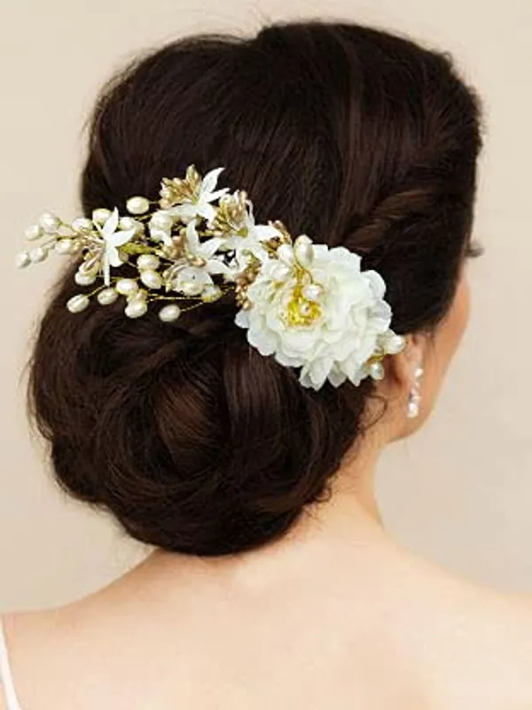 White_Artificial_Peony_Flower_With_Pearl_Hair_Comb_Slide,_Hair_Juda_Bun_Accessories_For_Girls_&_Women_(14_X_8_X_4_Cm)
