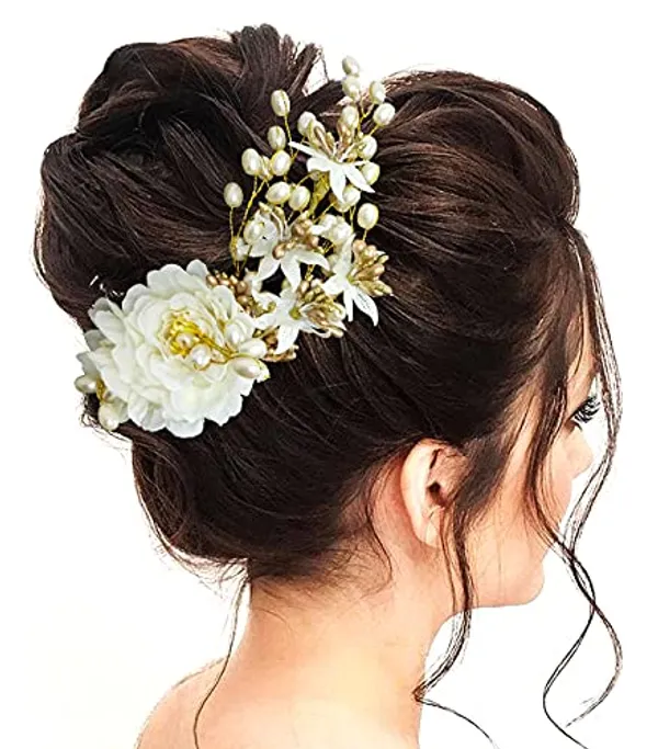 White_Artificial_Peony_Flower_With_Pearl_Hair_Comb_Slide,_Hair_Juda_Bun_Accessories_For_Girls_&_Women_(14_X_8_X_4_Cm)
