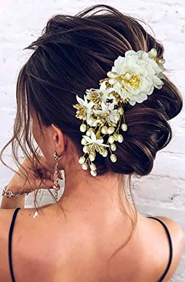 White_Artificial_Peony_Flower_With_Pearl_Hair_Comb_Slide,_Hair_Juda_Bun_Accessories_For_Girls_&_Women_(14_X_8_X_4_Cm)