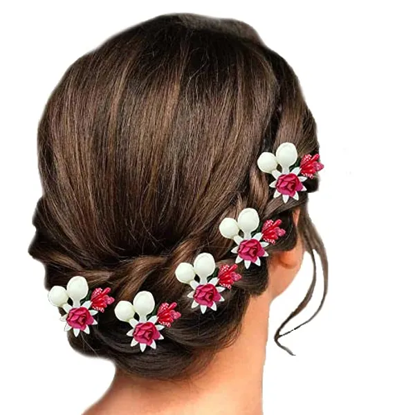 Dark_Pink_Artificial_Small_Rose_Flower_With_Mogra_Hair_Pin_Accessories_For_Women_&_Girls_(Pak_Of_8_Pins)_(14_X_8_X_1_Cm)