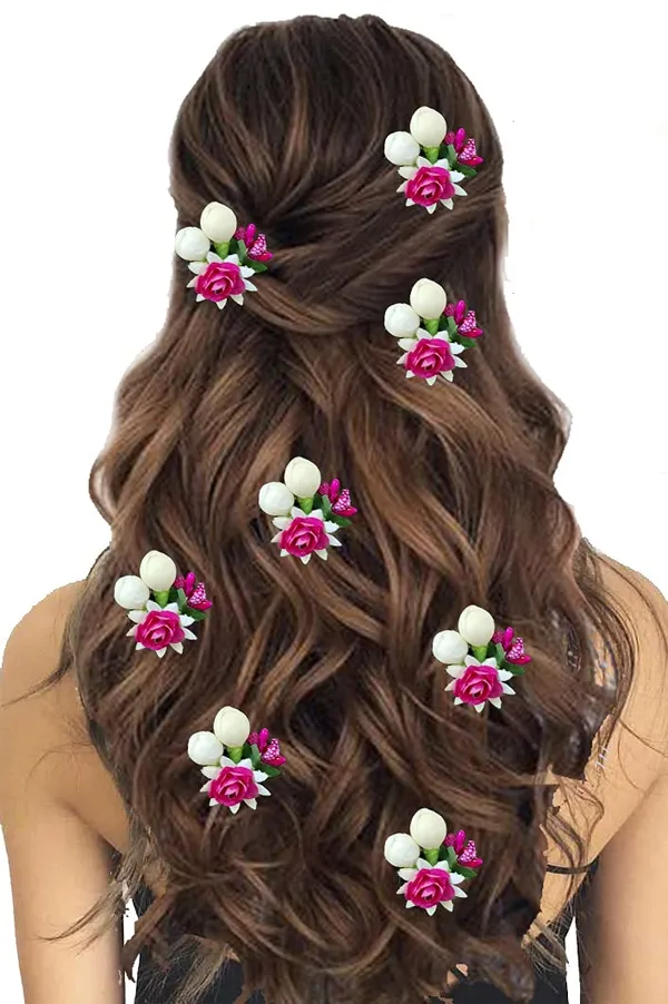 Dark_Pink_Artificial_Small_Rose_Flower_With_Mogra_Hair_Pin_Accessories_For_Women_&_Girls_(Pak_Of_8_Pins)_(14_X_8_X_1_Cm)