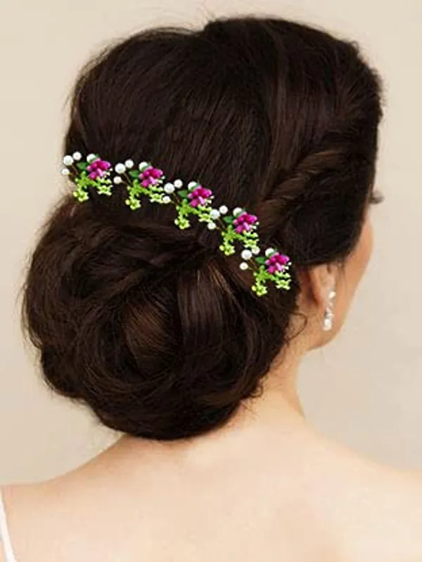 Pack_of_10_Dark_Pink_Artificial_Round_Shape_Small_Flower_With_Mogra_Hair_Pin_Accessories_For_Women