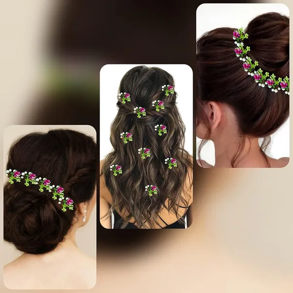 Pack_of_10_Dark_Pink_Artificial_Round_Shape_Small_Flower_With_Mogra_Hair_Pin_Accessories_For_Women
