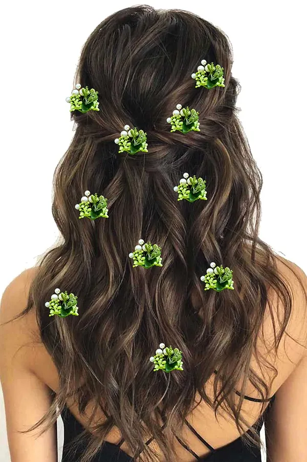 Pack_of_10_Green_Artificial_Round_Shape_Small_Flower_With_Mogra_Hair_Pin_Accessories_For_Women