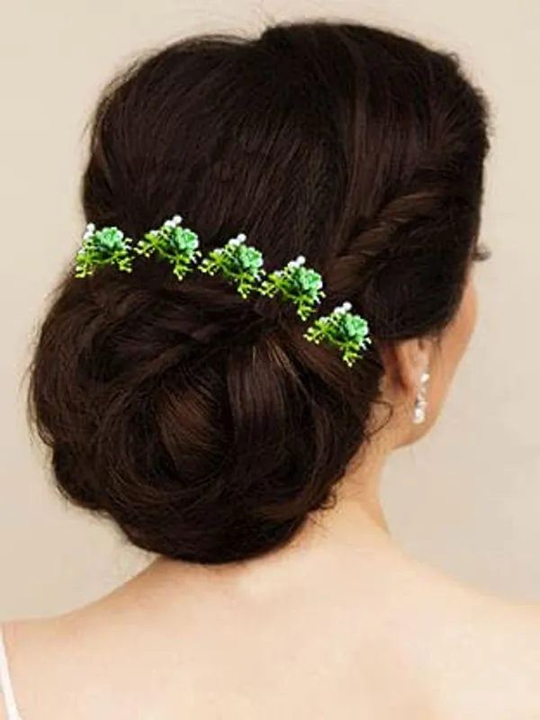 Pack_of_10_Light_Green_Artificial_Round_Shape_Small_Flower_With_Mogra_Hair_Pin_Accessories_For_Women