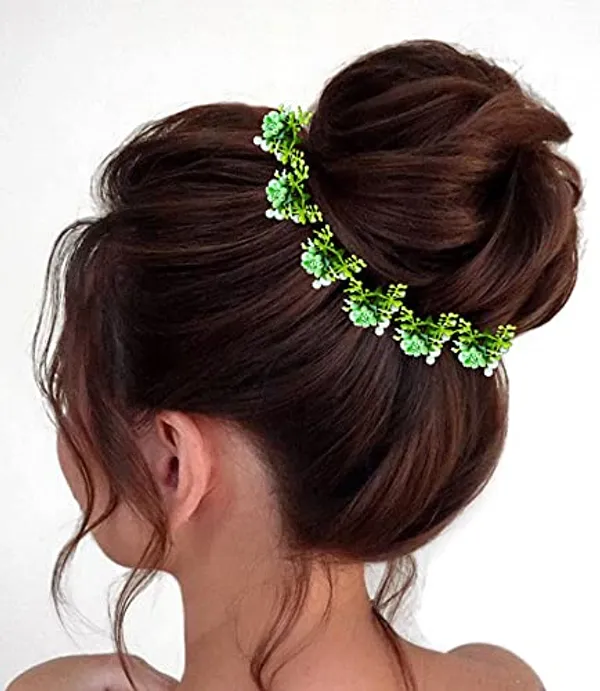 Pack_of_10_Light_Green_Artificial_Round_Shape_Small_Flower_With_Mogra_Hair_Pin_Accessories_For_Women