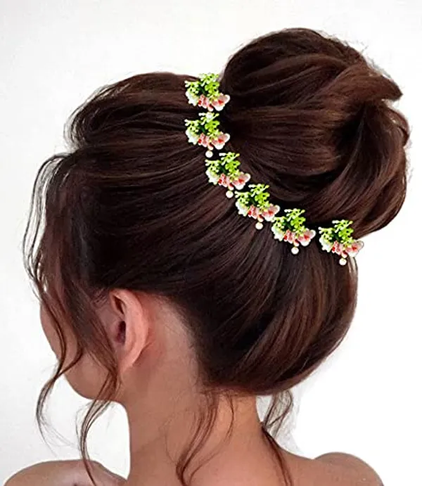 Pack_of_10_Peach_Artificial_Round_Shape_Small_Flower_With_Mogra_Hair_Pin_Accessories_For_Women