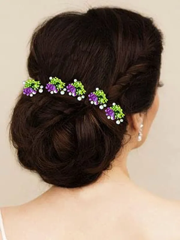 Pack_of_10_Purple_Artificial_Round_Shape_Small_Flower_With_Mogra_Hair_Pin_Accessories_For_Women
