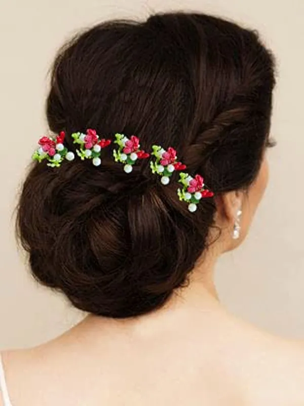 Pack_of_10_Red_Artificial_Round_Shape_Small_Flower_With_Mogra_Hair_Pin_Accessories_For_Women