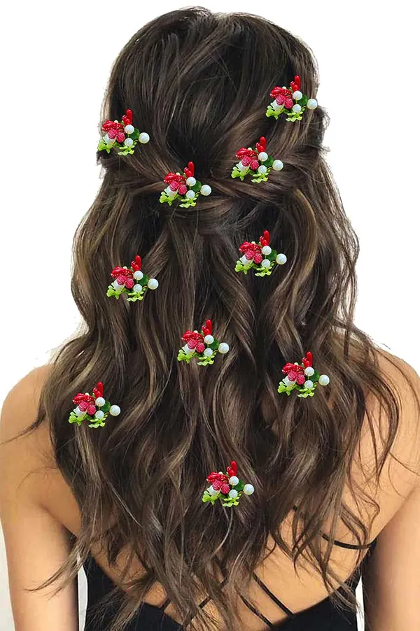 Pack_of_10_Red_Artificial_Round_Shape_Small_Flower_With_Mogra_Hair_Pin_Accessories_For_Women