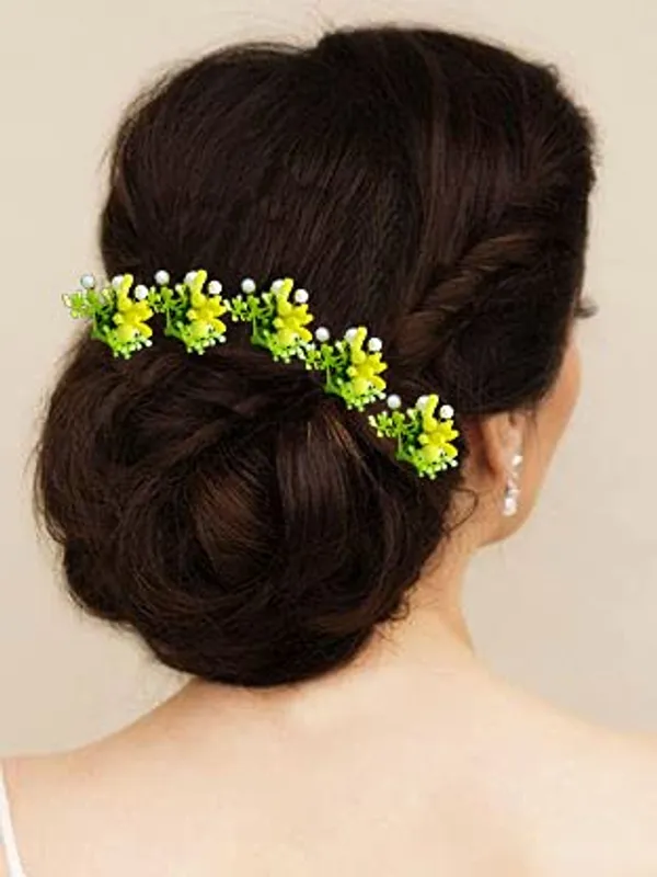 Pack_of_10_Yellow_Artificial_Round_Shape_Small_Flower_With_Mogra_Hair_Pin_Accessories_For_Women