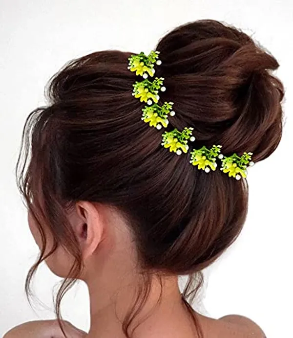 Pack_of_10_Yellow_Artificial_Round_Shape_Small_Flower_With_Mogra_Hair_Pin_Accessories_For_Women
