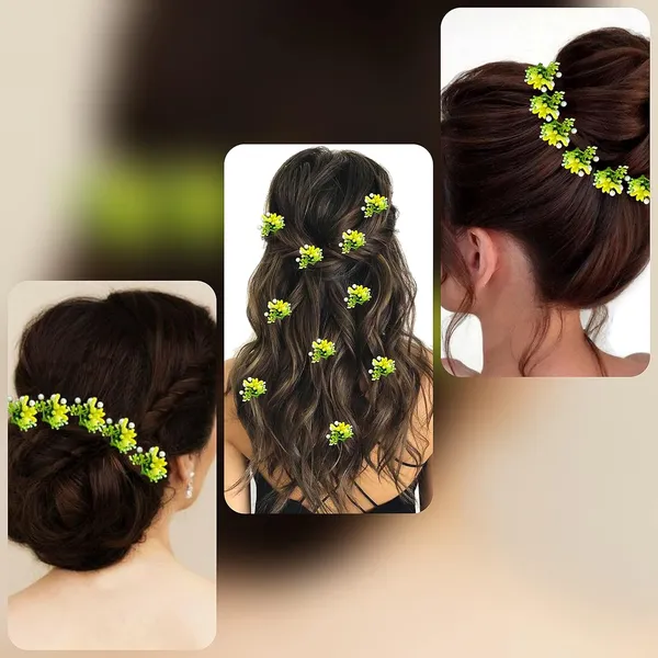 Pack_of_10_Yellow_Artificial_Round_Shape_Small_Flower_With_Mogra_Hair_Pin_Accessories_For_Women