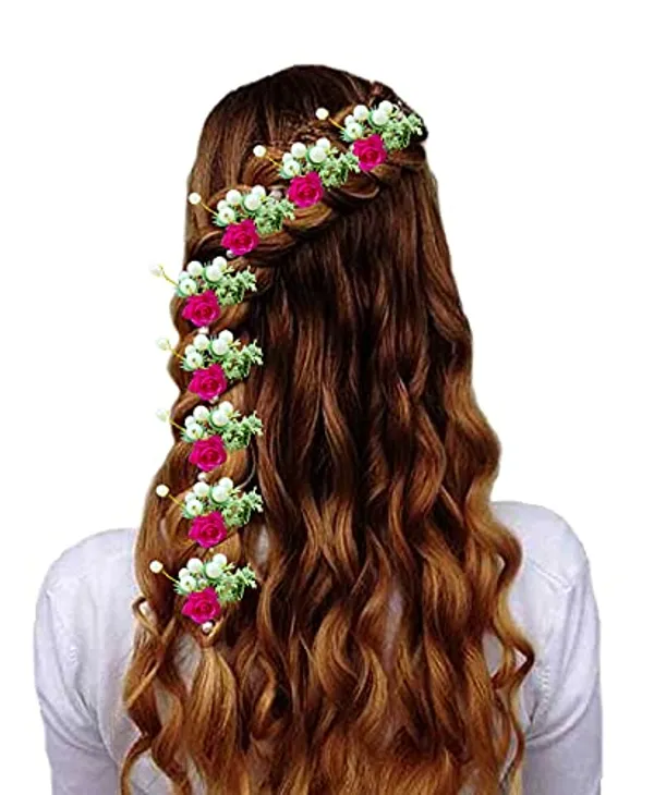 Pack_of_8_Dark_Pink_Artificial_Rose_Flower_With_Mogra_Hair_Pin_Accessories_For_Women
