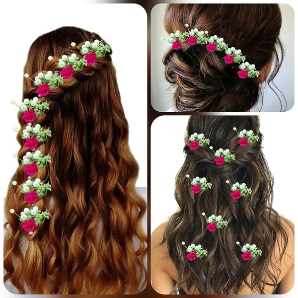 Pack_of_8_Dark_Pink_Artificial_Rose_Flower_With_Mogra_Hair_Pin_Accessories_For_Women