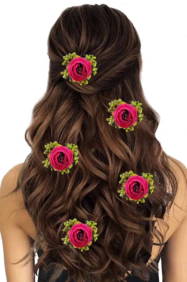 Pack_of_5_Dark_Pink_Artificial_Rose_Flower_Hair_Pin_For_Women__Pins
