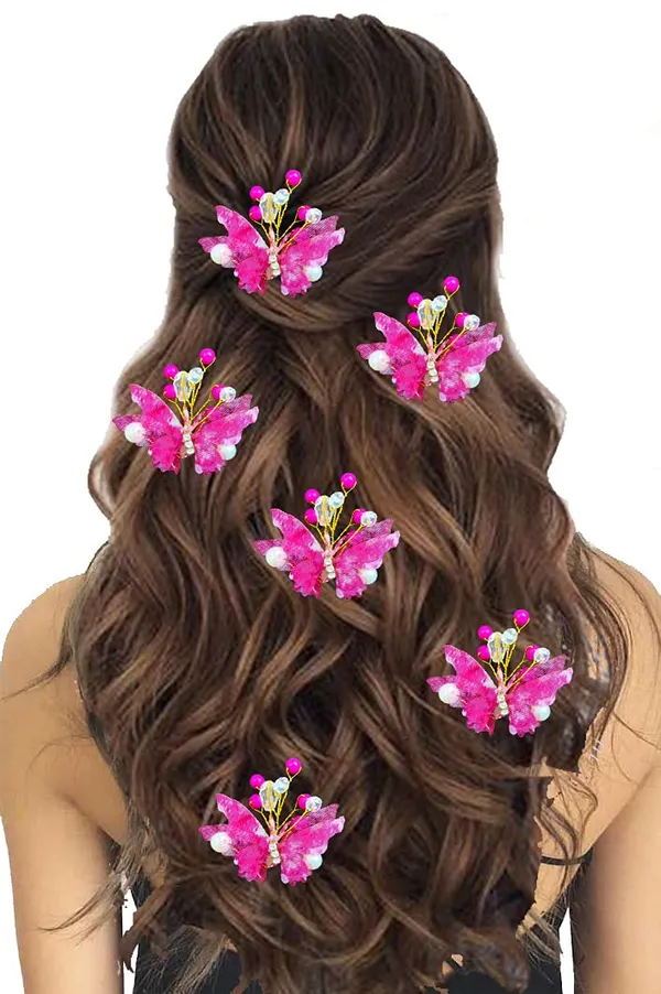 Pack_of_5_Dark_Pink_Butterfly_With_Shiny_Pearl_Hair_Pin_Accessories_For_Women