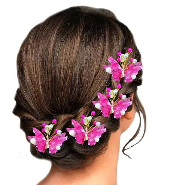 Pack_of_5_Dark_Pink_Butterfly_With_Shiny_Pearl_Hair_Pin_Accessories_For_Women