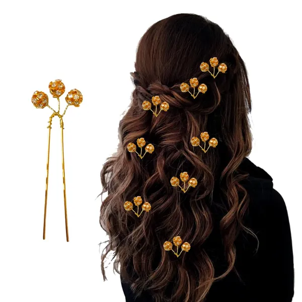 Golden_Artificial_Floral_Metal_Adorned_With_Three_Stunning_Stones_Design_Hairpin_Accessories_For_Women_&_Girls_(Set_Of_8)_(14_X_8_X_1_Cm)