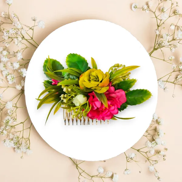 Green_&_Dark_Pink_Artificial_Metal_Floral_Adorned_With_Intricate_Flowers_And_Leaves_Design_Hairpin_Accessories_For_Women_&_Girls_(14_X_8_X_1_Cm)