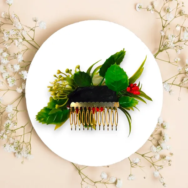 Green_&_Dark_Pink_Artificial_Metal_Floral_Adorned_With_Intricate_Flowers_And_Leaves_Design_Hairpin_Accessories_For_Women_&_Girls_(14_X_8_X_1_Cm)