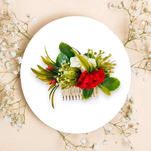 White_&_Red_Artificial_Metal_Floral_Adorned_With_Intricate_Flowers_And_Leaves_Design_Hairpin_Accessories_For_Women_&_Girls_(14_X_8_X_1_Cm)