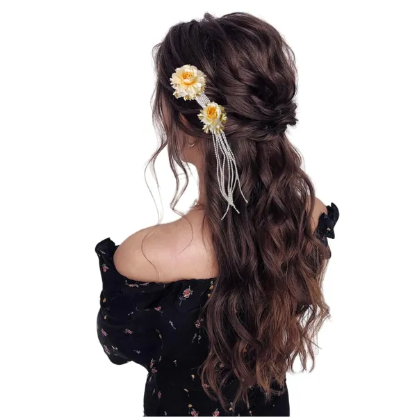 Yellow_Artificial_Metal_Charming_Flowers_With_Elegant_Pearl_Strings_Design_Hairpin_Accessories_For_Women_&_Girls_(14_X_8_X_1_Cm)